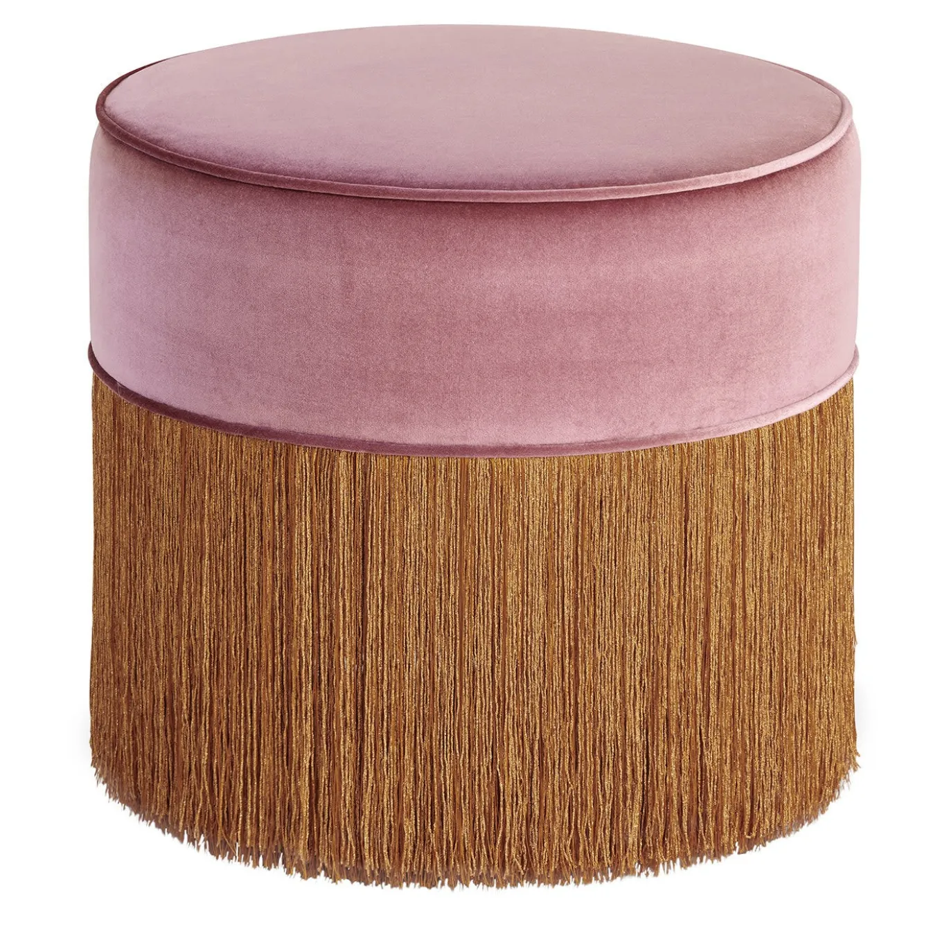 Pouf in legno di faggio a cilindro rosa con frangia in rame