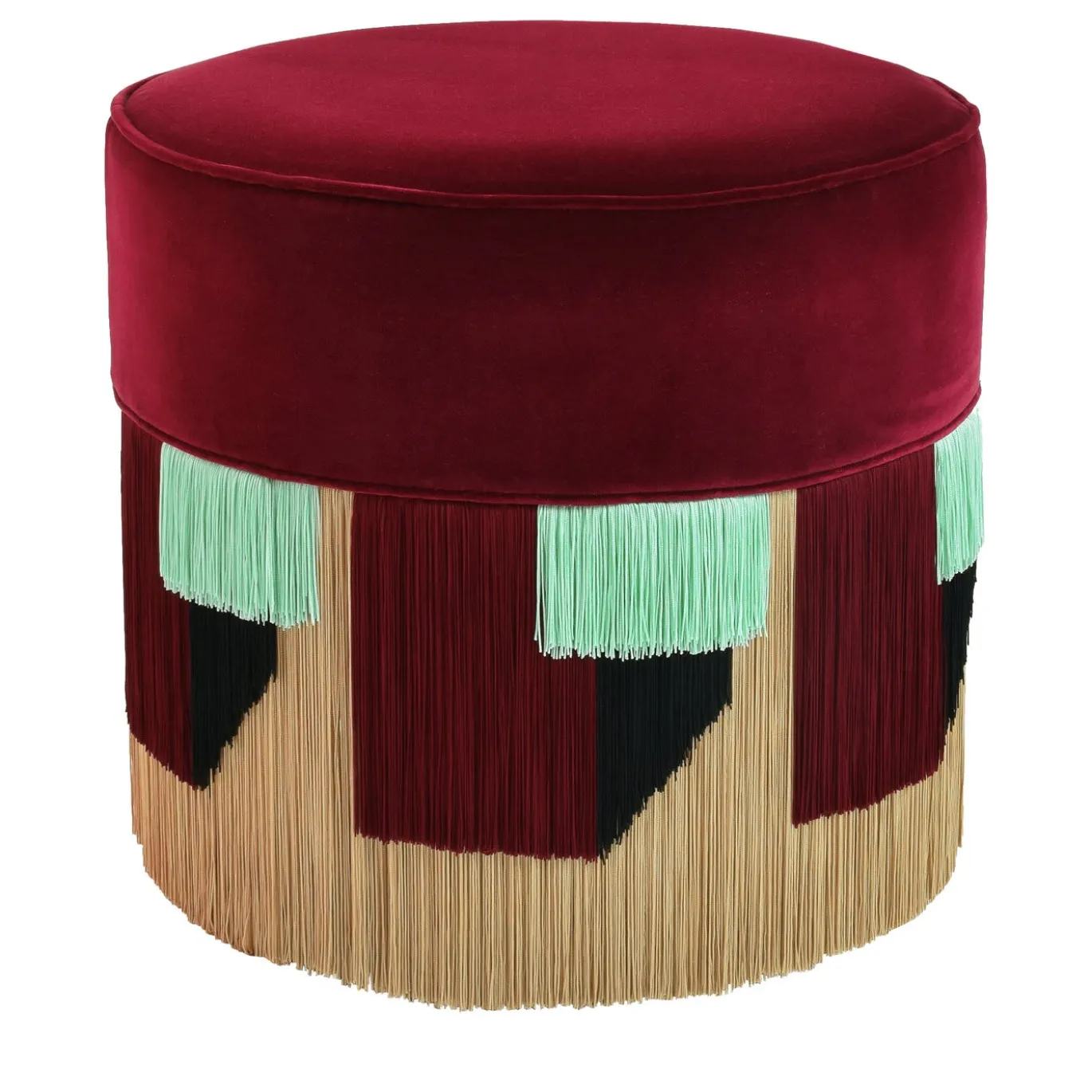 Pouf in legno di faggio a cilindro rosso con frangia geometrica
