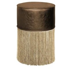 Pouf in pelle marrone con frange dorate di Lorenza Bozzoli