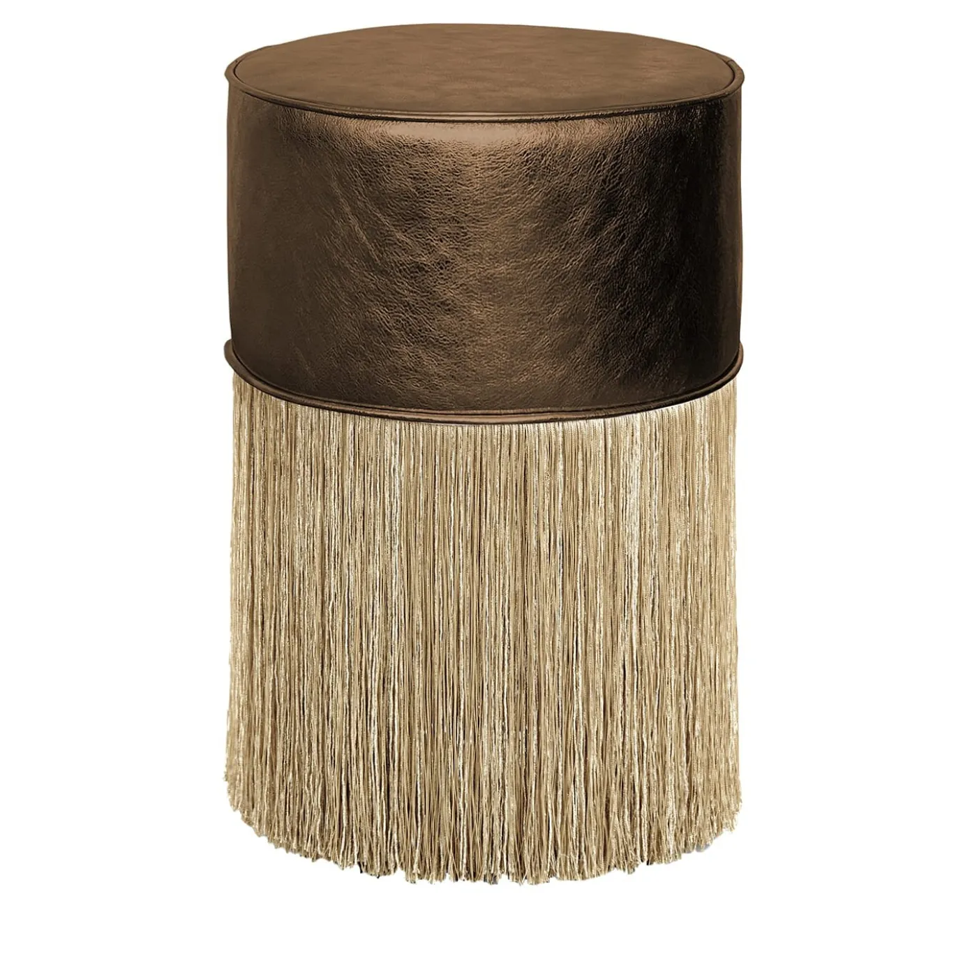 Pouf in pelle marrone con frange dorate di Lorenza Bozzoli