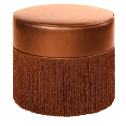 Pouf in pelle metallizzata bronzo brillante con frange in lurex