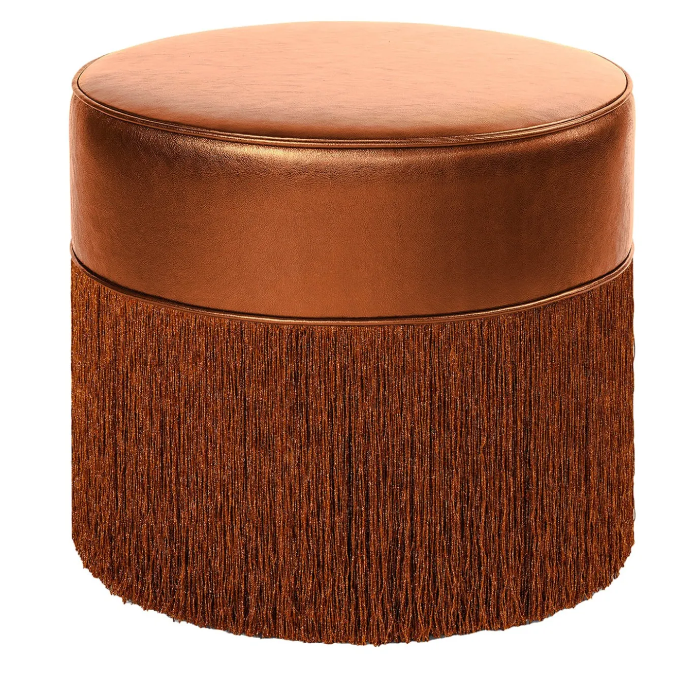 Pouf in pelle metallizzata bronzo brillante con frange in lurex