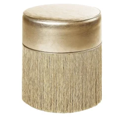 Pouf in pelle metallizzata color oro con frange in lurex