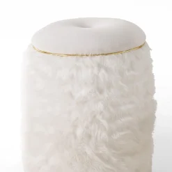 Pouf in pelliccia bianca con rifiniture dorate