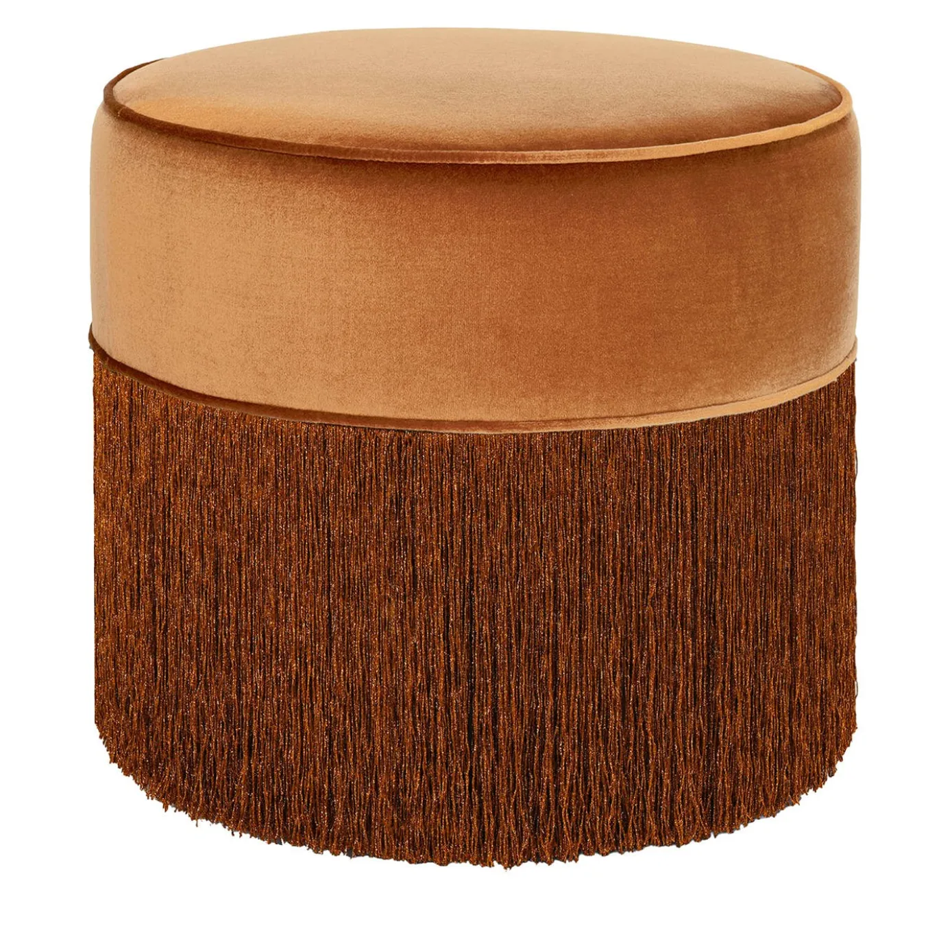 Pouf in velluto con frange in lurex scintillanti color cognac