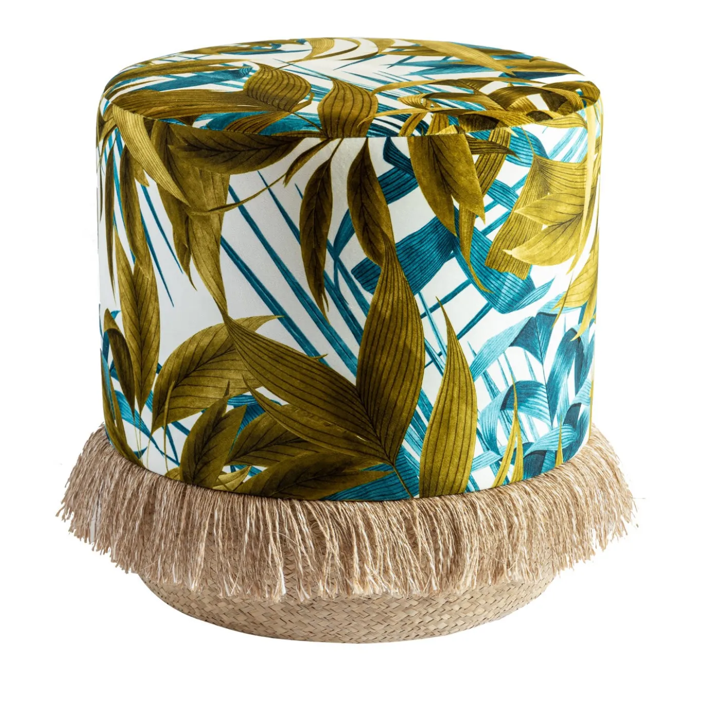 Pouf Las Palmas con foglie di palma e base in cesta