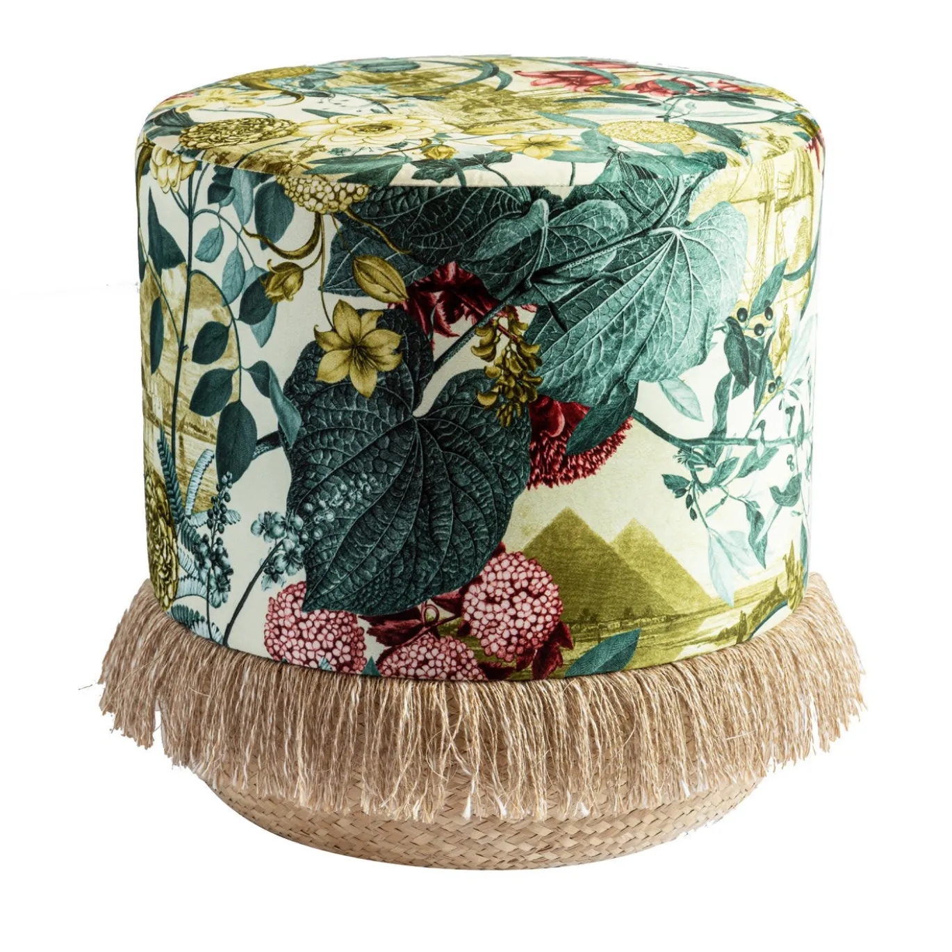Pouf Notti d'Oriente con fantasia botanica e base in cesta