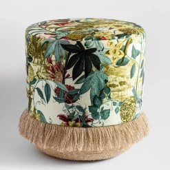 Pouf Notti d'Oriente con fantasia botanica e base in cesta