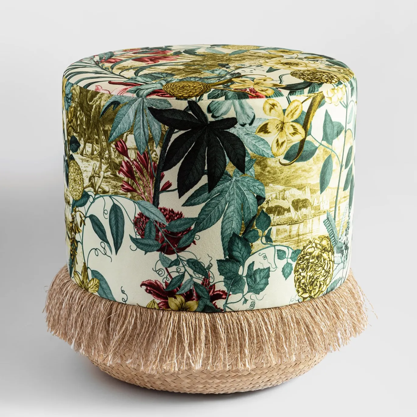 Pouf Notti d'Oriente con fantasia botanica e base in cesta