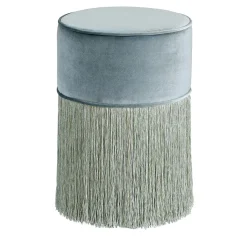 Pouf scintillante azzurro con frangia azzurra e argento