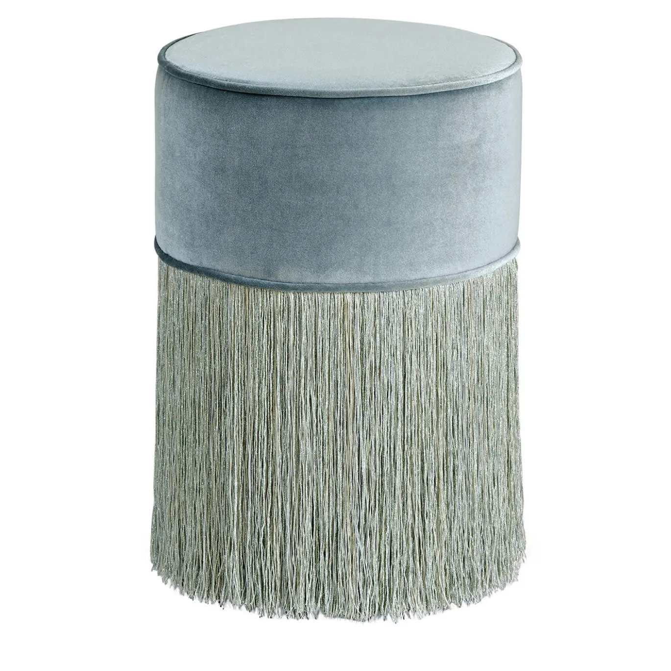 Pouf scintillante azzurro con frangia azzurra e argento