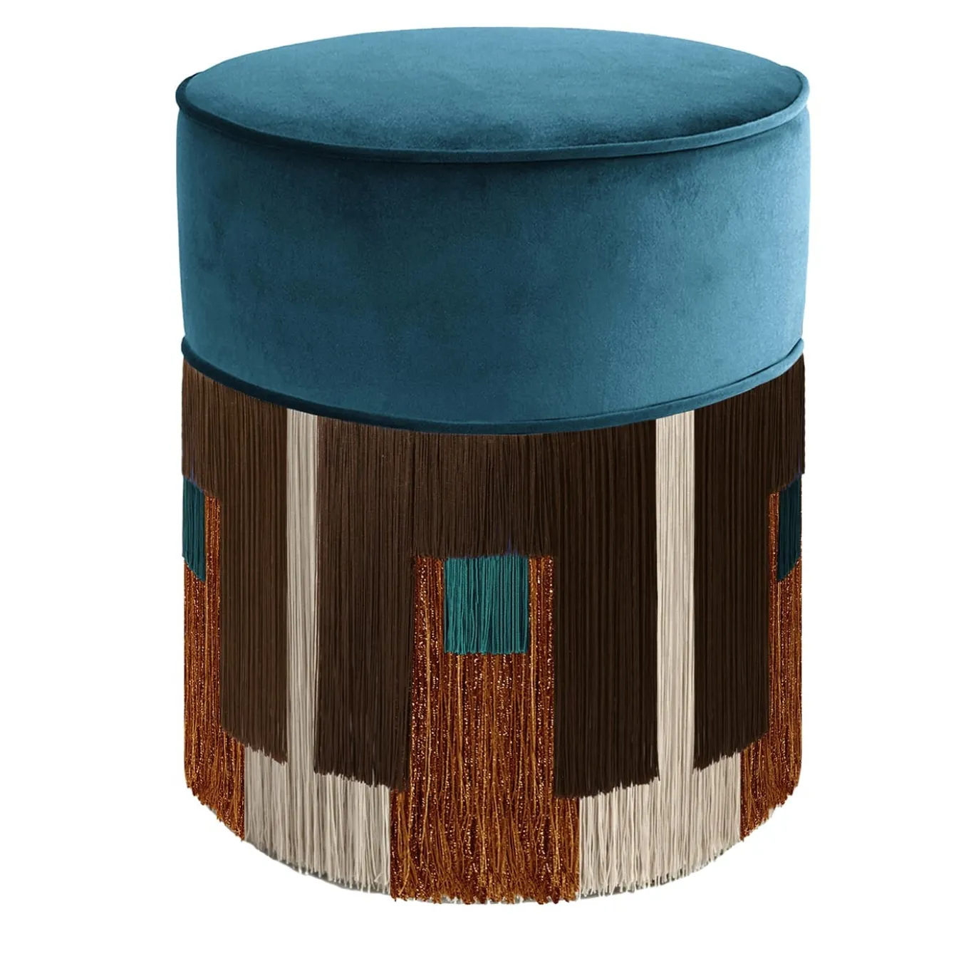 Pouf Treasure in velluto blu con frange marroni di Lorenza Bozzoli