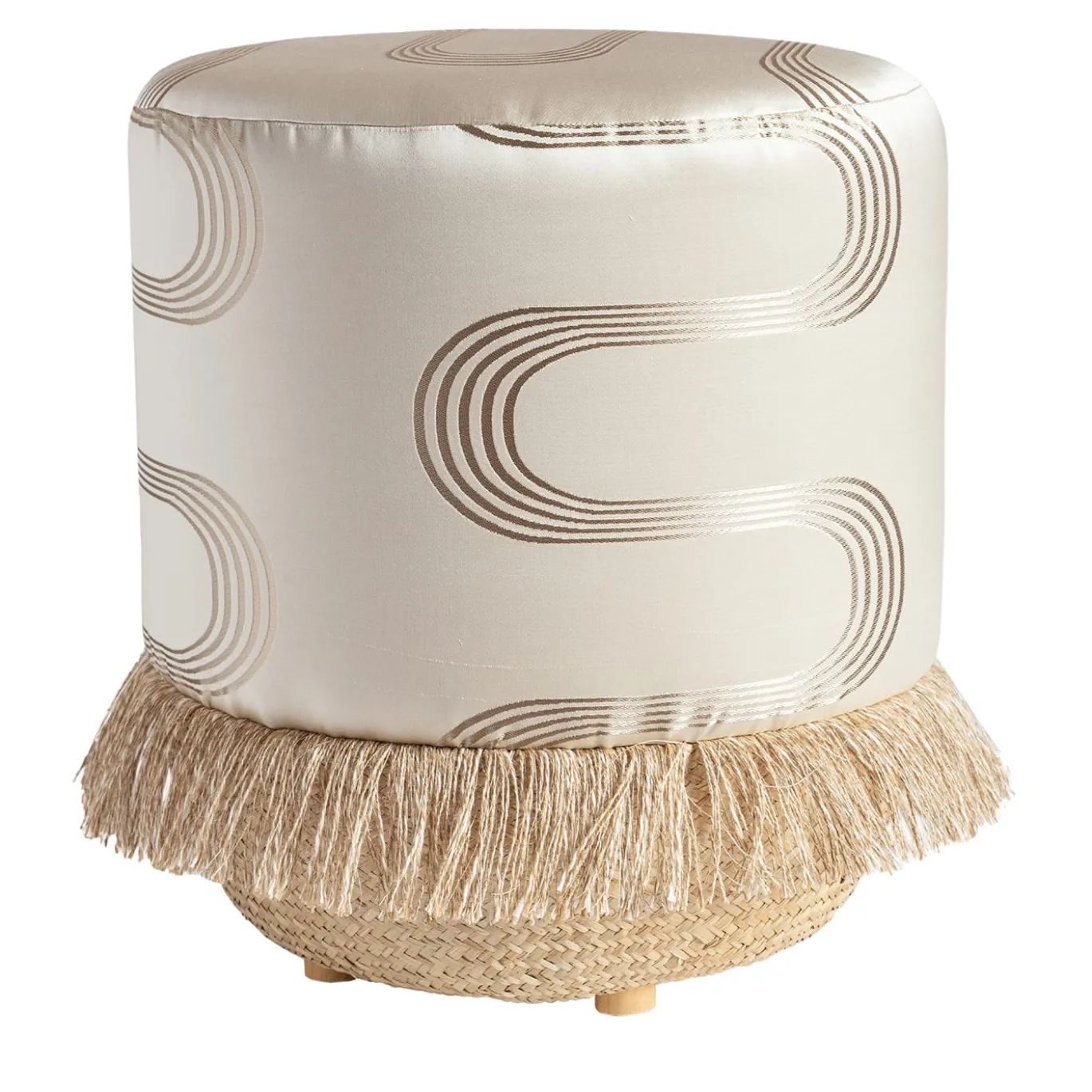 Pouf Vague Avorio con tessuto d'archivio Rubelli e base in cesta