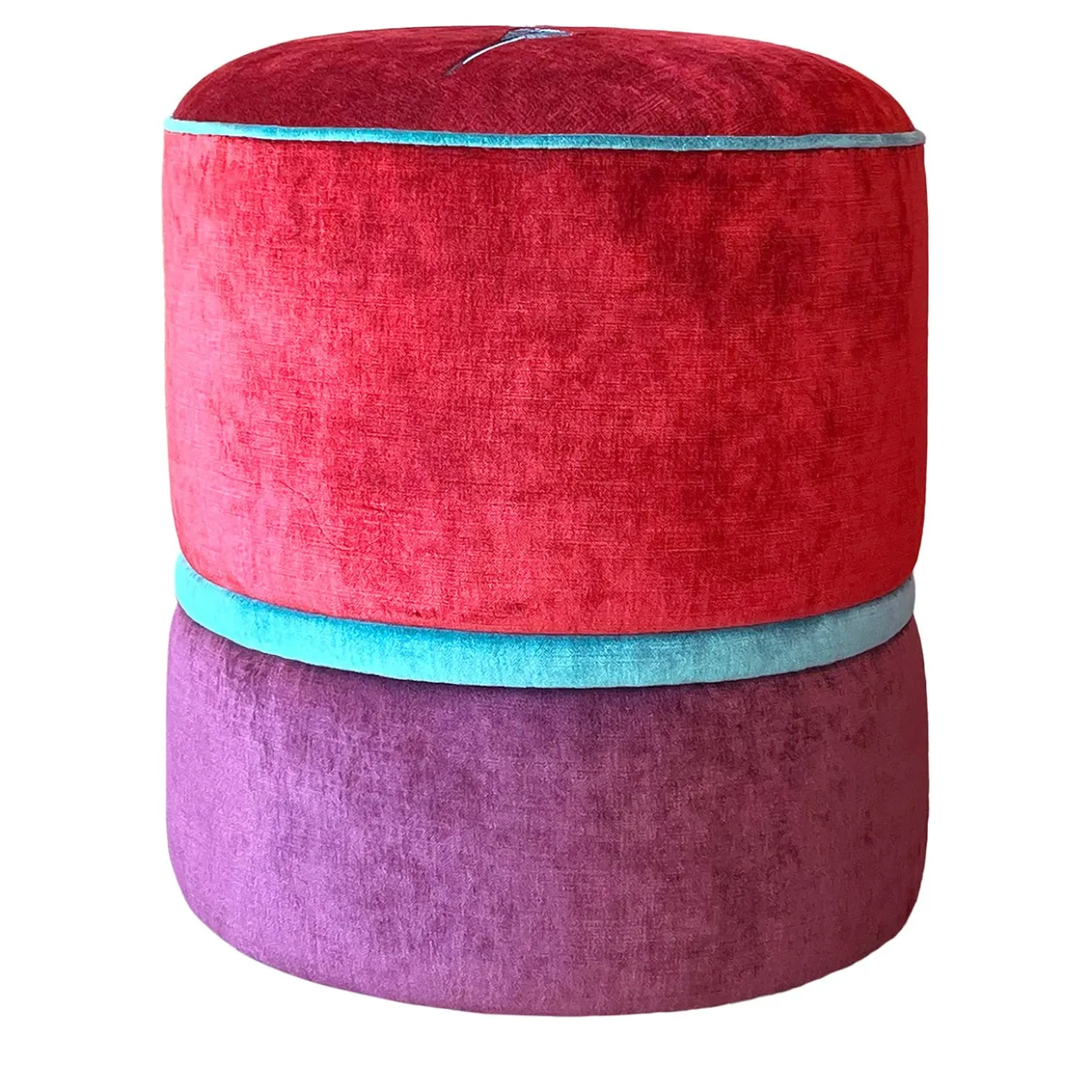 Puf tondo in velluto rosso e viola con ricamo