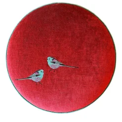 Puf tondo in velluto rosso e viola con ricamo