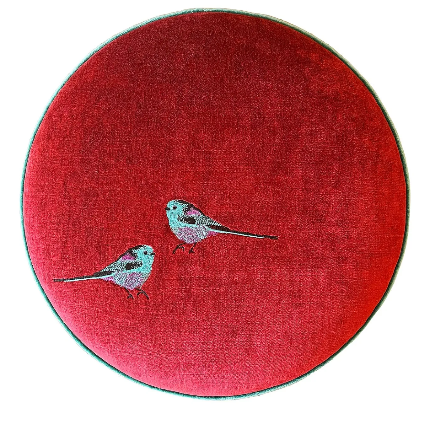 Puf tondo in velluto rosso e viola con ricamo