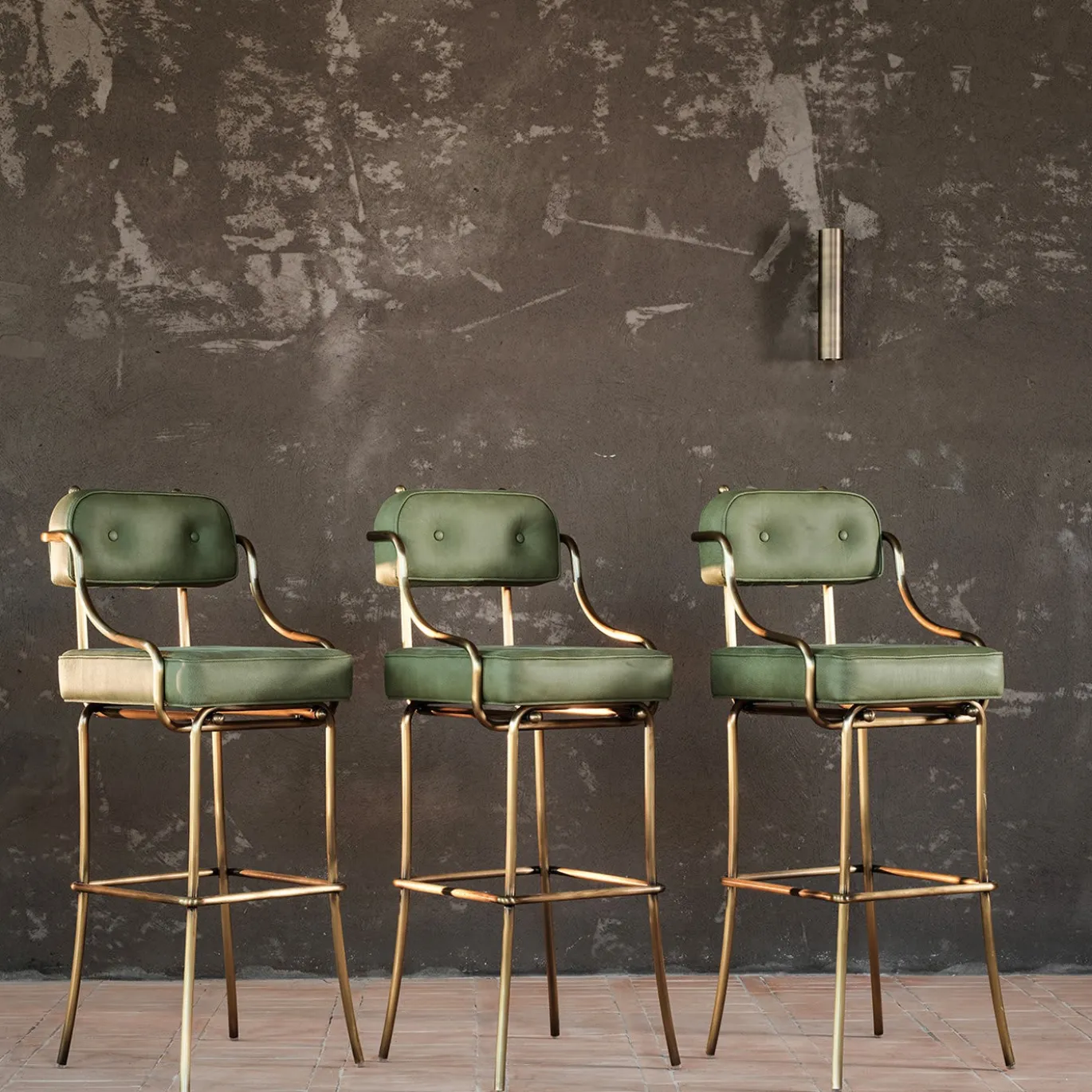 Retro Green Leather Bar Stool Steel Legs