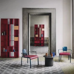 Rock4 Poltrona da salotto blu con seduta in pelle rossa di Marc Sadler