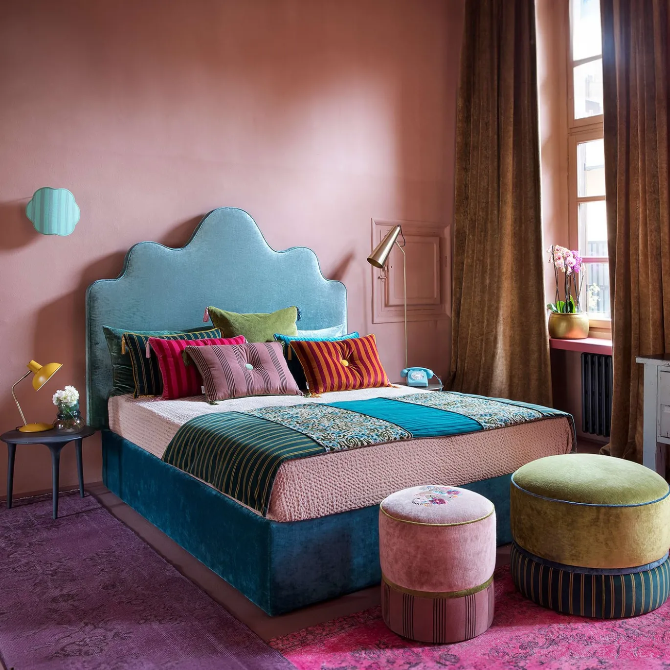 Runner da letto Damasco Blooming Blue & Green