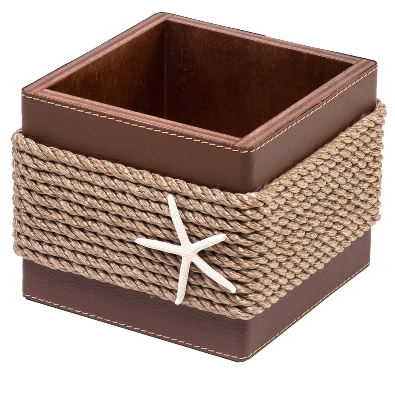 Scatola in legno con inserti in ecopelle e corda beige