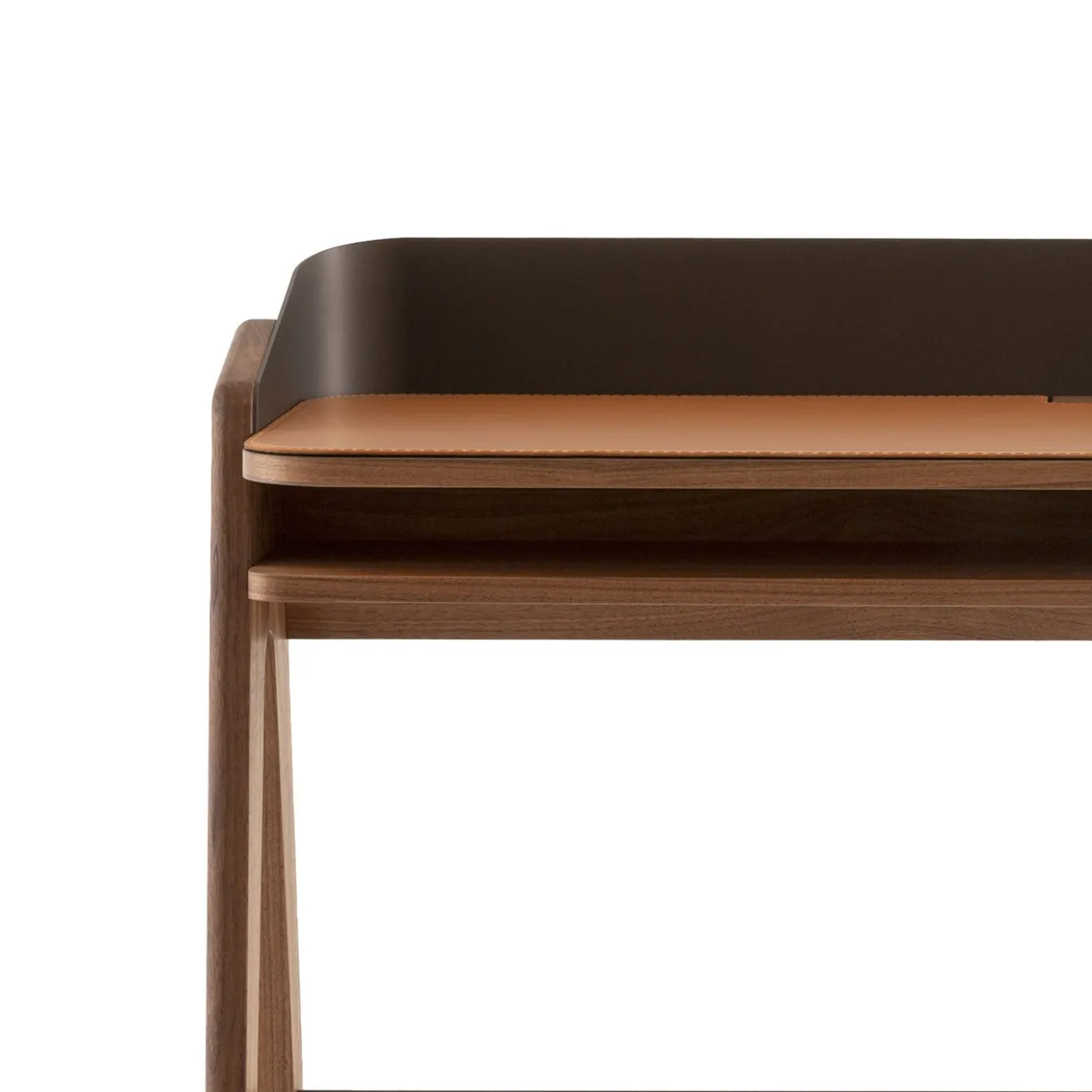 Scrittoio Bavero in pelle color cognac con gambe in legno di noce