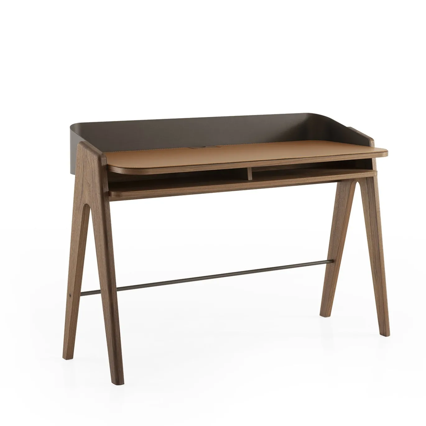 Scrittoio Bavero in pelle color cognac con gambe in legno di noce
