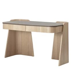 Scrivania Shape a 2 cassetti in pelle e legno eucalipto