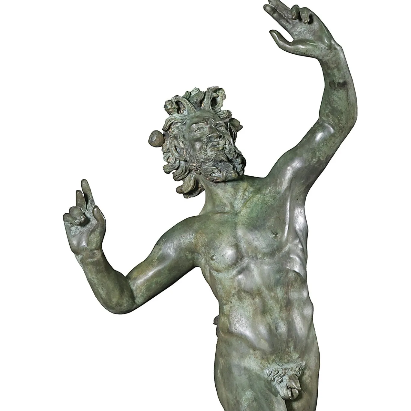 Scultura Fauno danzante in bronzo patinato verde