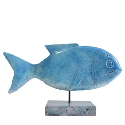 Scultura Pesce Turchese in pietra vulcanica smaltata