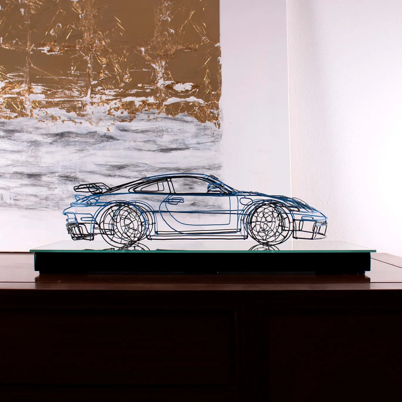 Scultura Porsche 911 GT3 in Filo di Metallo Blu