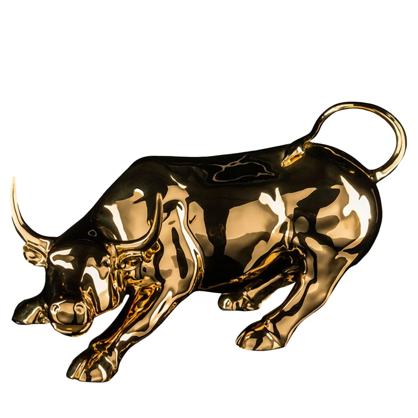 Scultura Toro di Wall Street Grande in Ceramica Dorata