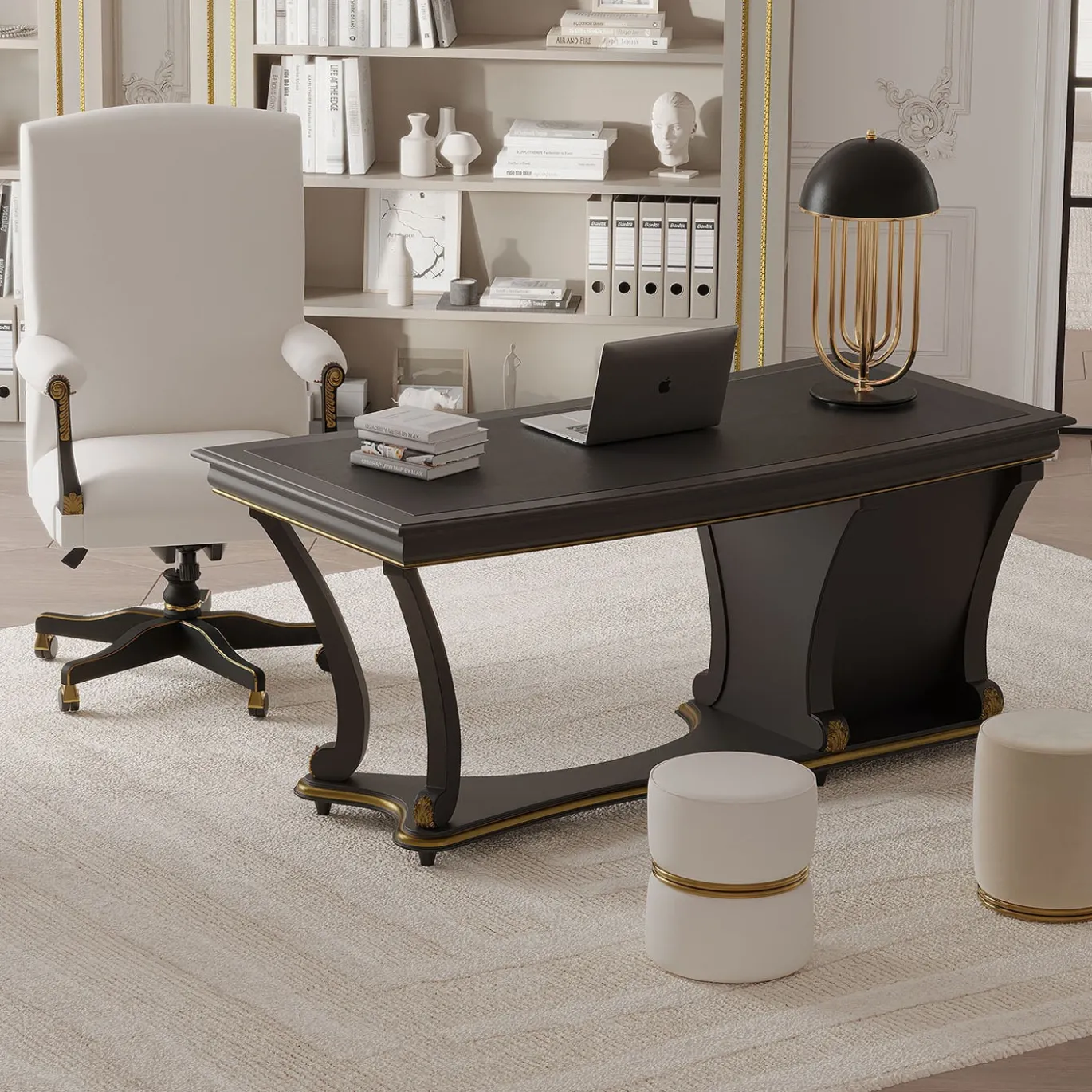 Sedia da ufficio girevole in pelle e legno della Collezione Studio Privè