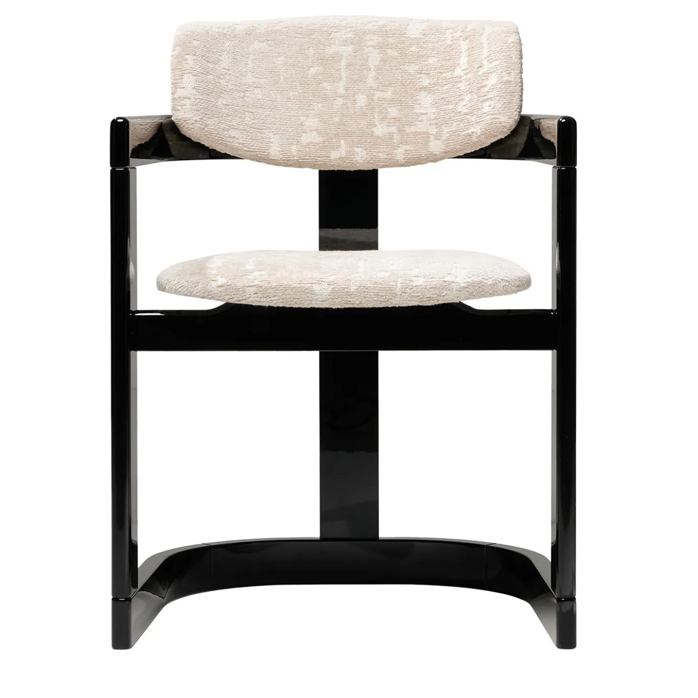 Sedia Essa in tessuto bianco e legno nero lucido con intarsi in corno
