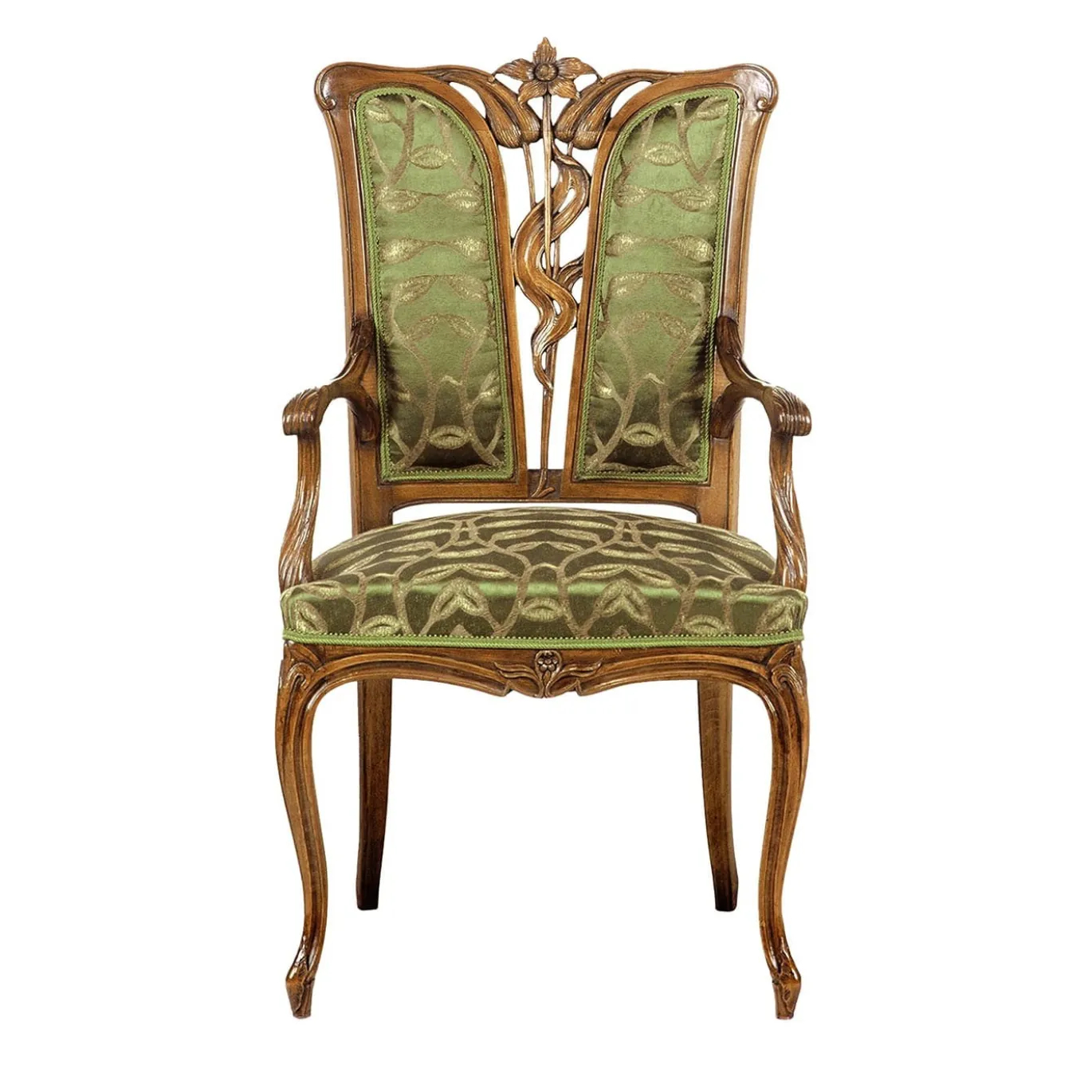 Sedia francese Liberty verde con decorazione a foglie