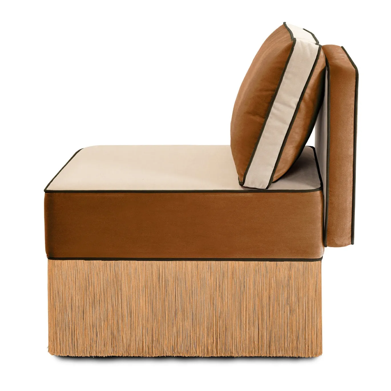 Sedia lounge modulare Lilli in tessuto beige e cognac con frange