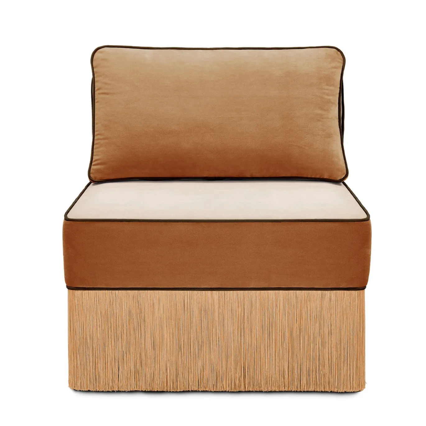 Sedia lounge modulare Lilli in tessuto beige e cognac con frange