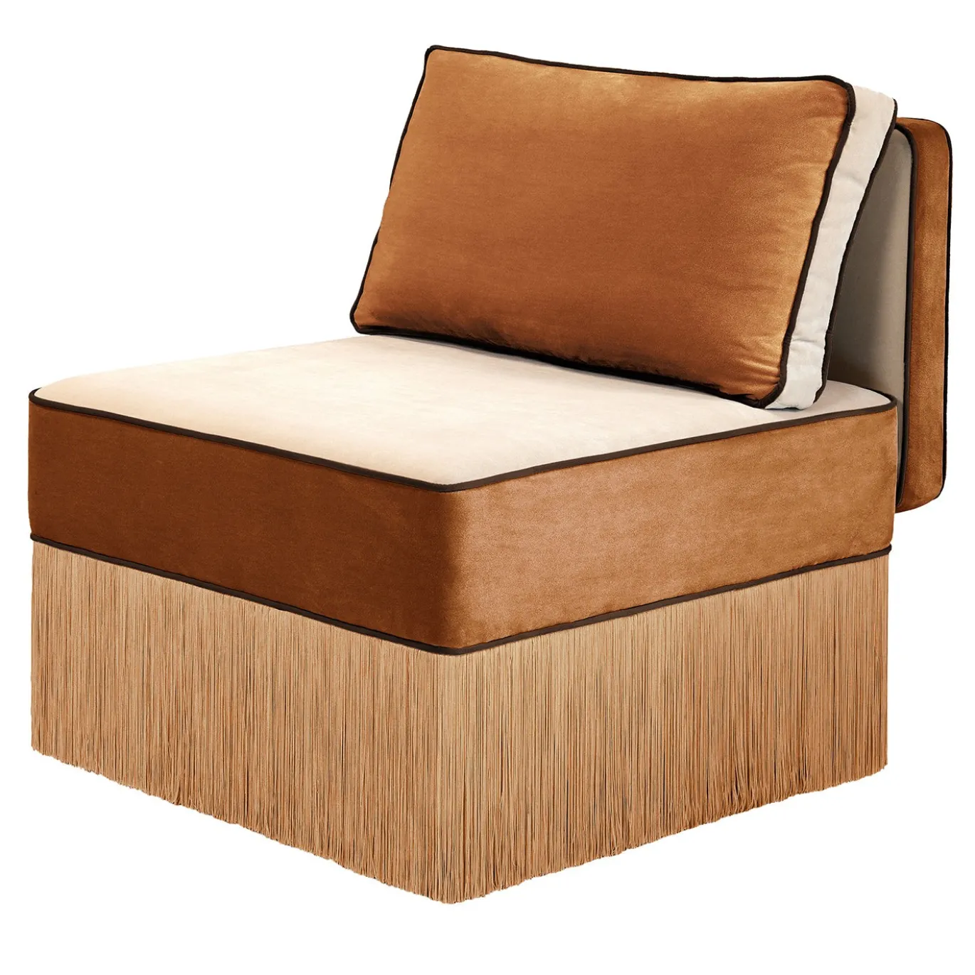 Sedia lounge modulare Lilli in tessuto beige e cognac con frange