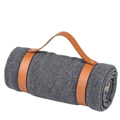 Set da 2 pezzi con coperta in cashmere grigio e cintura in pelle cognac