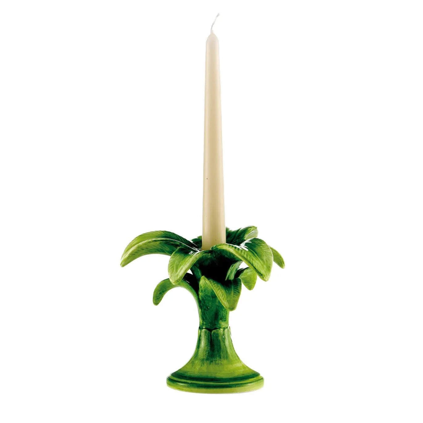 Set di 2 Candelieri Piccoli Palma Dipinti a Mano in Ceramica Verde