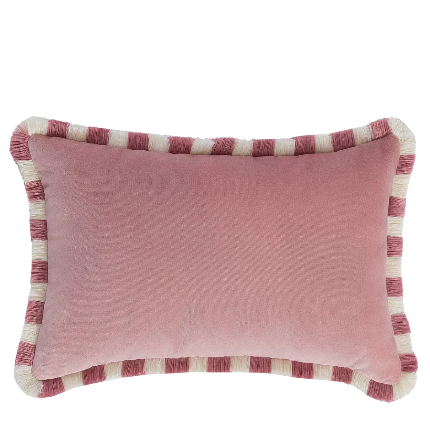 Set di due cuscini Happy bicolore bianchi e rosa con frange