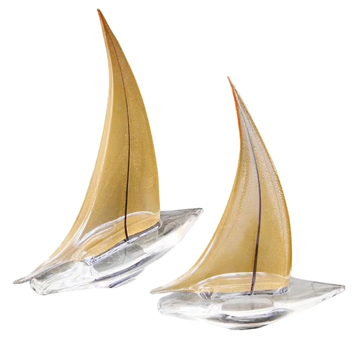 Set di 2 Figurine Navicula Barche a Vela in Vetro di Murano Dorato