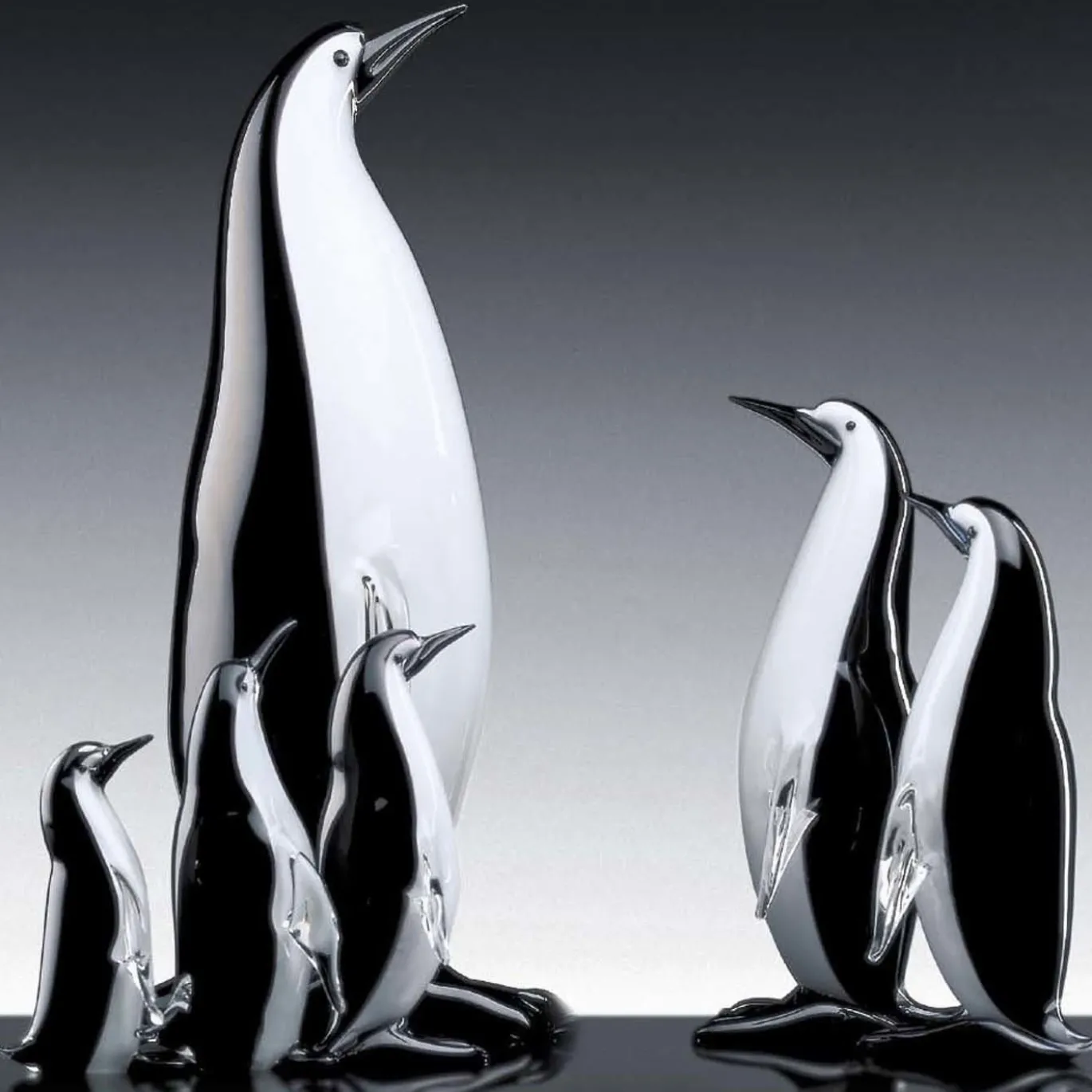 Set di 4 Figurine Pinguino in Vetro di Murano Nero