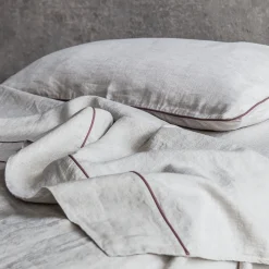 Set di lino naturale Summer Bed con profili rosa vintage