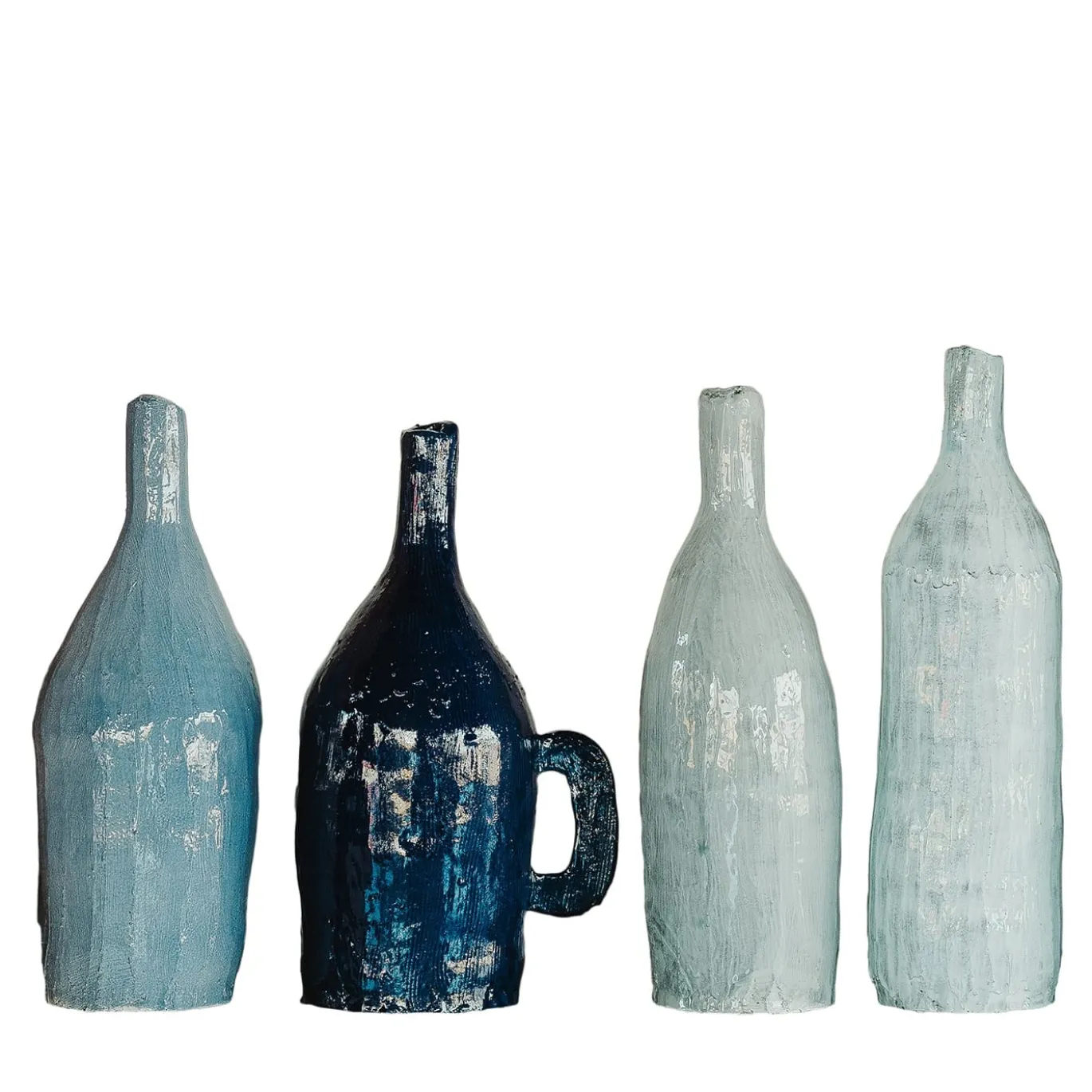 Set di 4 Piccole Bottiglie Decorative in Ceramica Blu Pallido