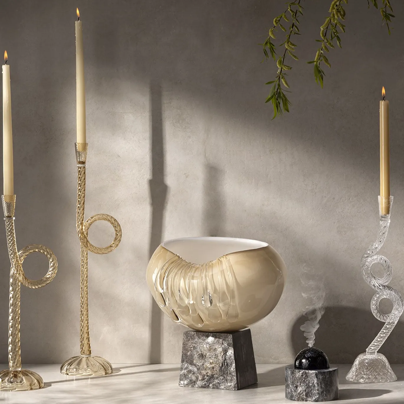 Set di 2 portacandele Knot in vetro di Murano Champagne