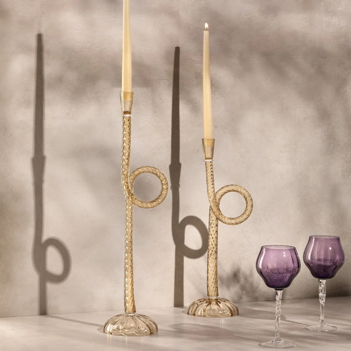 Set di 2 portacandele Knot in vetro di Murano Champagne