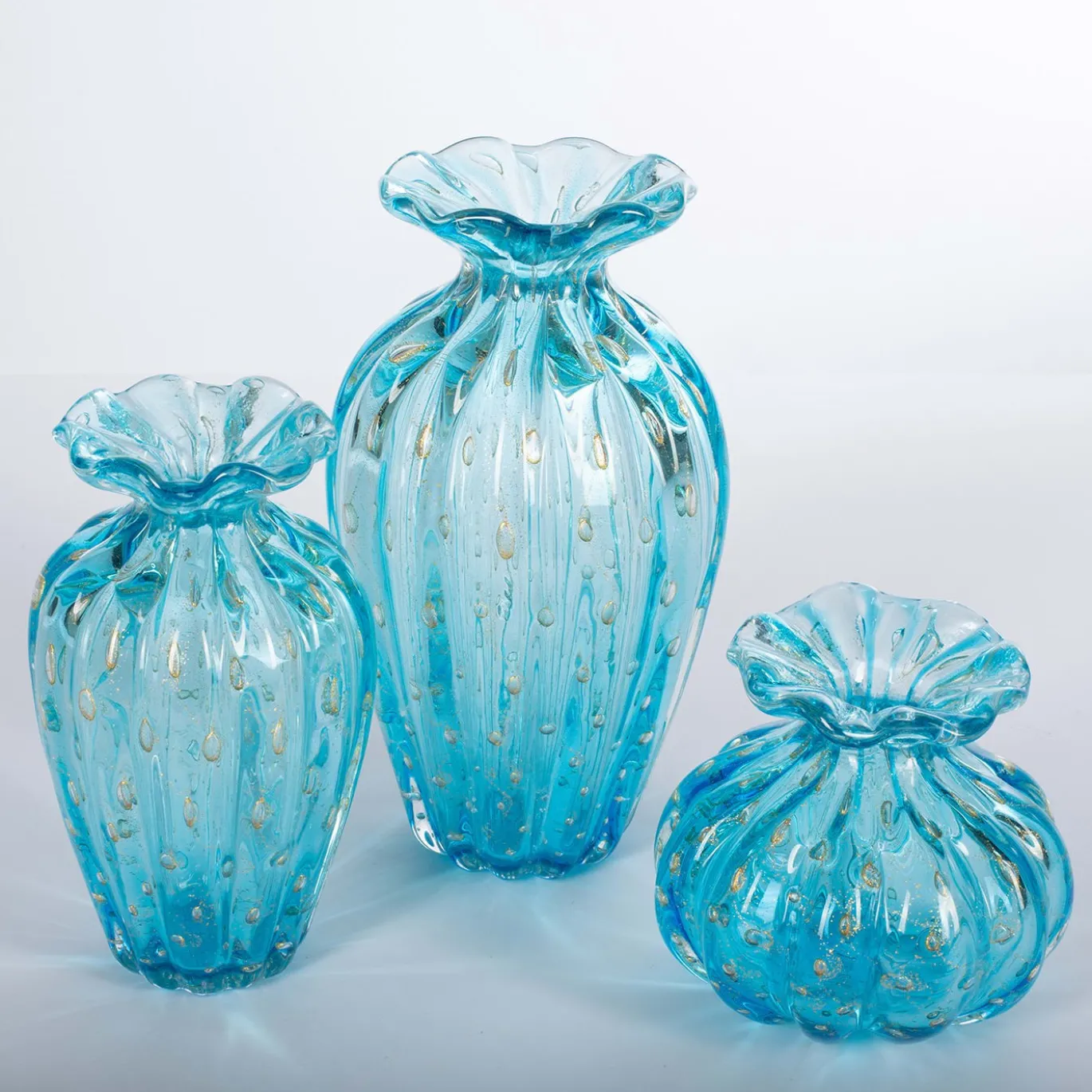 1950 Set di 3 vasi blu chiaro con bolle d'oro