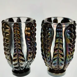 Set di 2 Vasi Decorativi Colossi Giganti in Vetro di Murano con Foglie Nere
