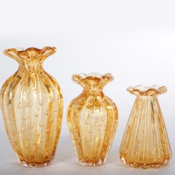 1950 Set di 3 vasi in ambra con bolle d'oro