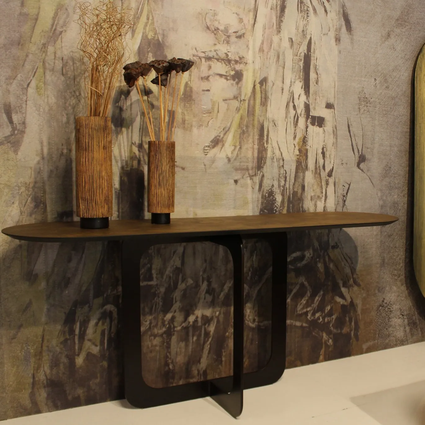 Settanta Console Ovale Grande Con Top In Resina Spatolata Color Bronzo
